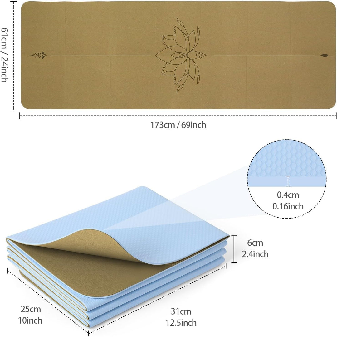 Reise-Yogamatte, faltbar, klein, 173 x 61 cm, 0,4 cm, mit Tragetasche, leichtes Pilate-Design Kork-L