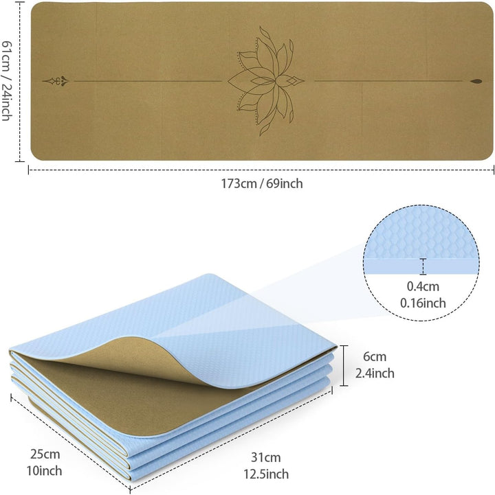 Reise-Yogamatte, faltbar, klein, 173 x 61 cm, 0,4 cm, mit Tragetasche, leichtes Pilate-Design Kork-L
