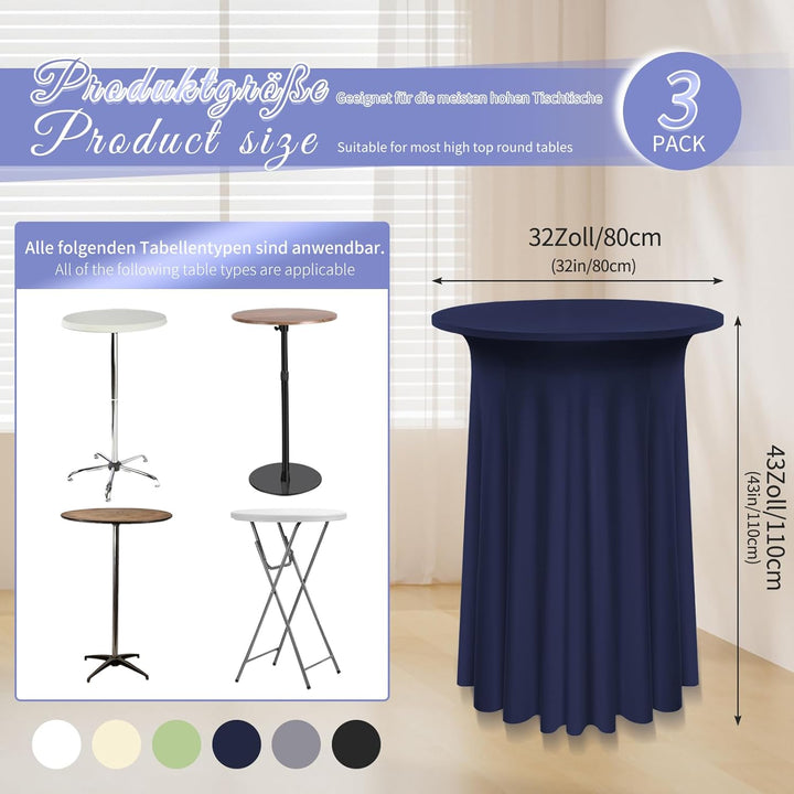 3 Packs Spandex Cocktail Tischdecke mit Röcken 80x 110cm, dunkelblauer Stretch Cocktail Tisch für ho