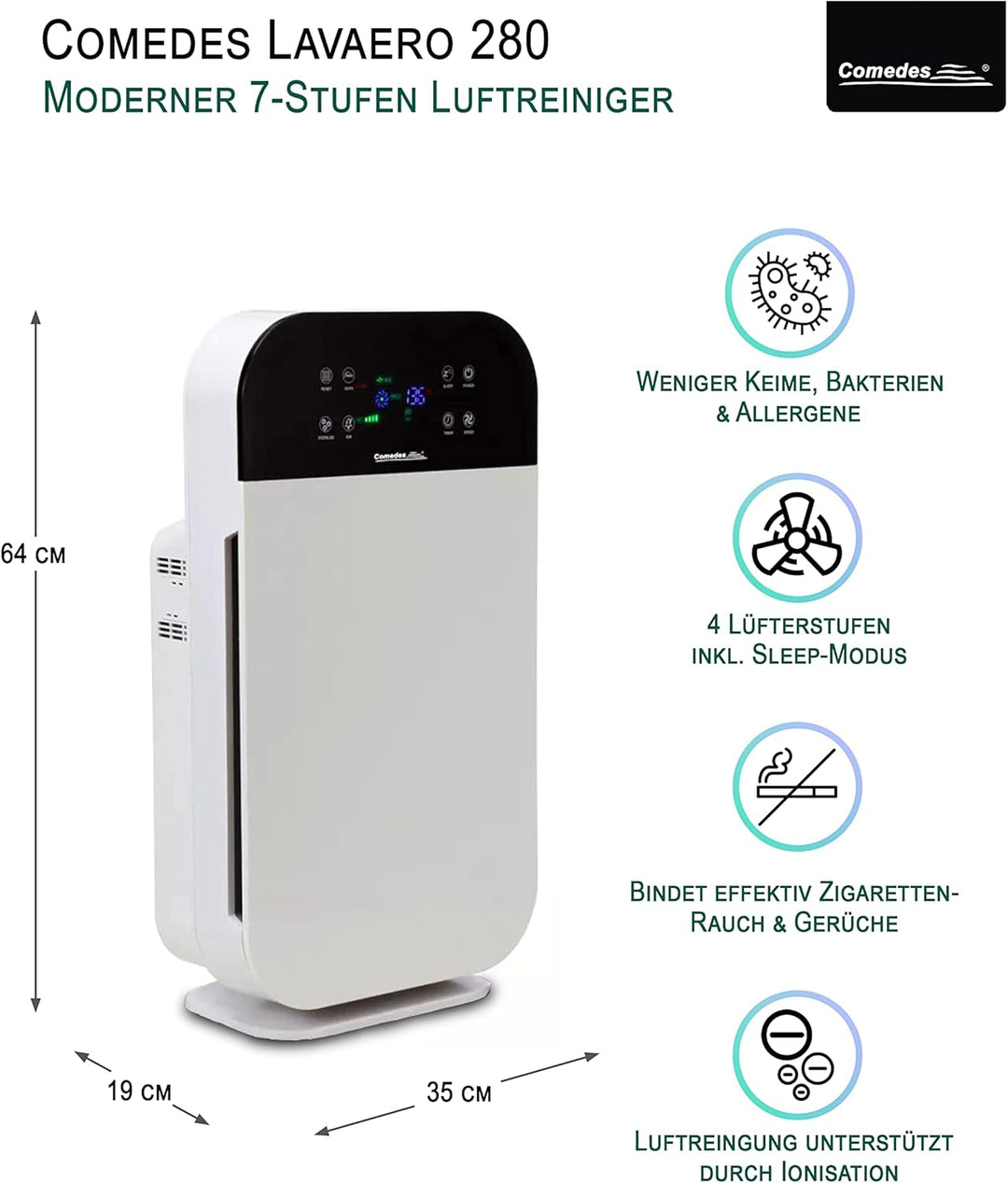 Comedes Lavaero 280 – Starker 7-Stufen Luftreiniger, Rauchverzehrer inkl. Aktivkohle, HEPA-Filter un