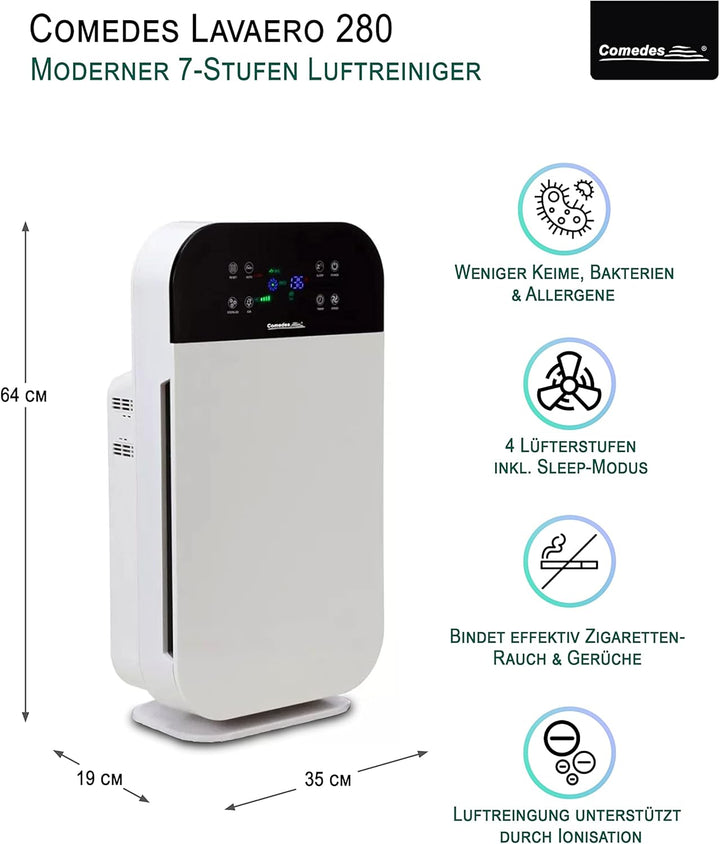Comedes Lavaero 280 – Starker 7-Stufen Luftreiniger, Rauchverzehrer inkl. Aktivkohle, HEPA-Filter un