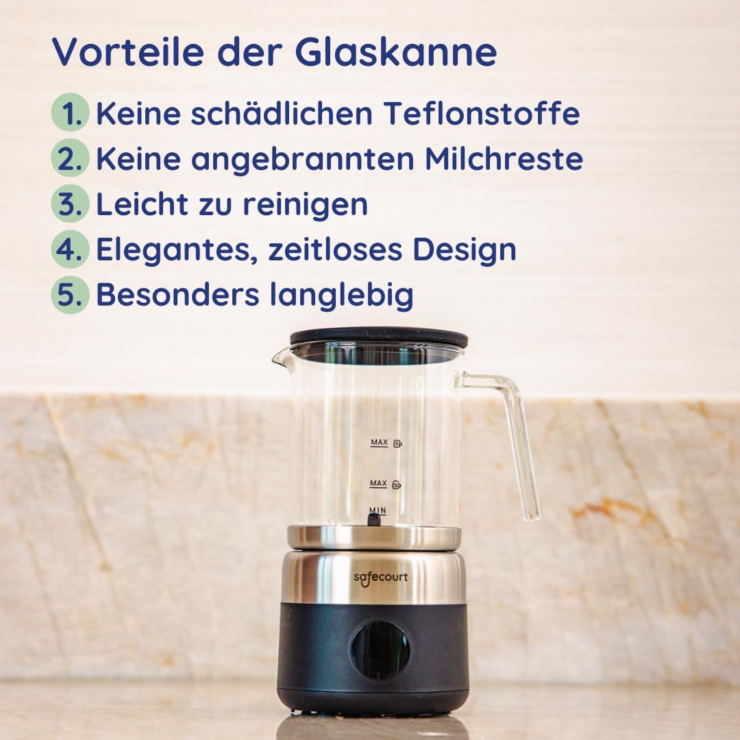 Safecourt Elektrischer Milchaufschäumer – herausnehmbarer Glasbehälter [500ML & 100% mikroplastikfre