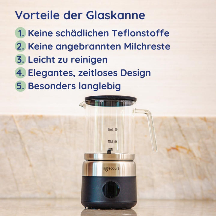 Safecourt Elektrischer Milchaufschäumer – herausnehmbarer Glasbehälter [500ML & 100% mikroplastikfre