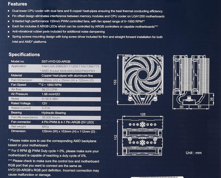 SilverStone Technology SST- HYD120-ARGB-V2 - Hydrogon Dual-Tower-CPU-Kühler mit 6 Wärmerohren und du