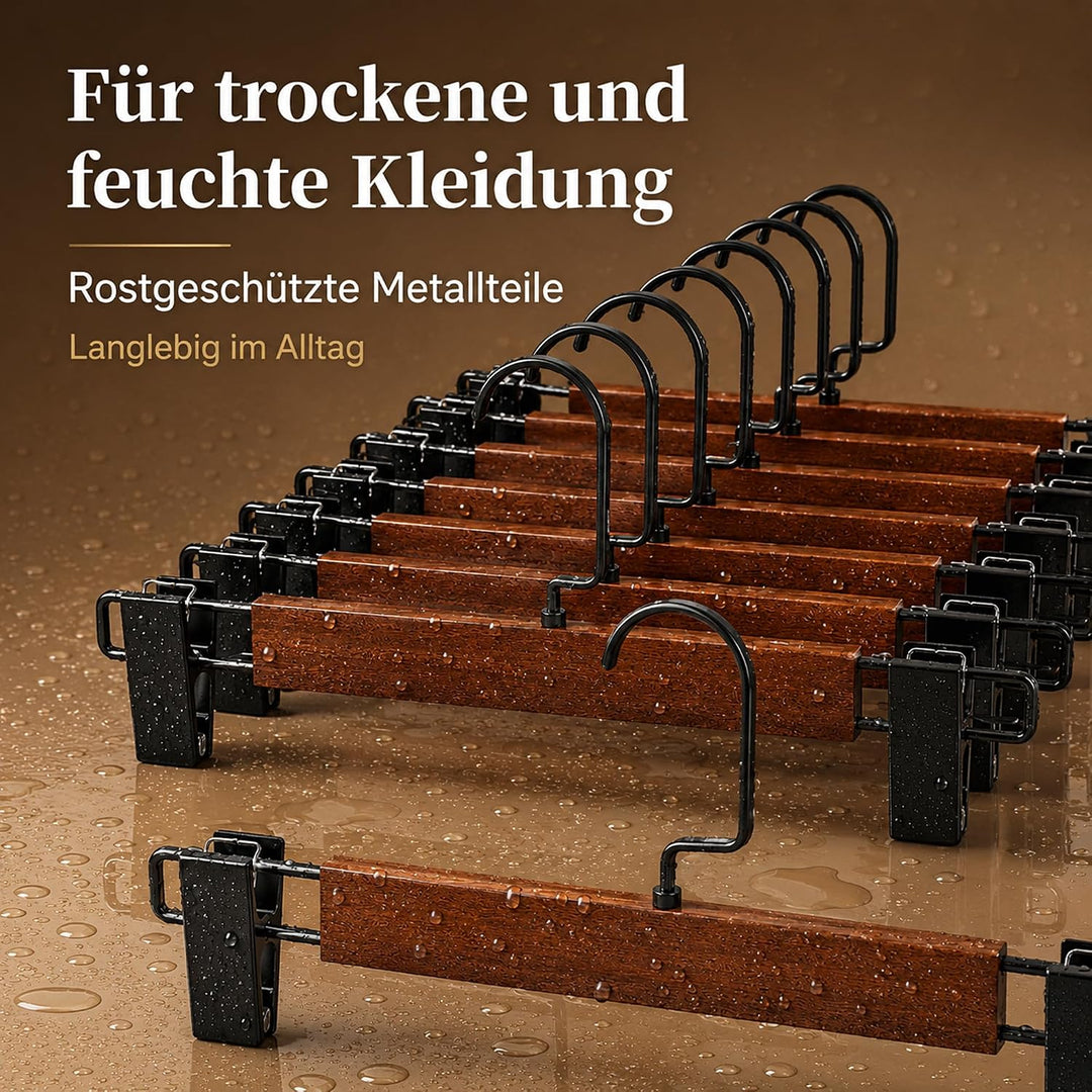 10 Stück Hosenbügel aus Umweltfreundlichem Naturholz, Rockbügel mit Verstellbaren Anti-Rutsch Clips