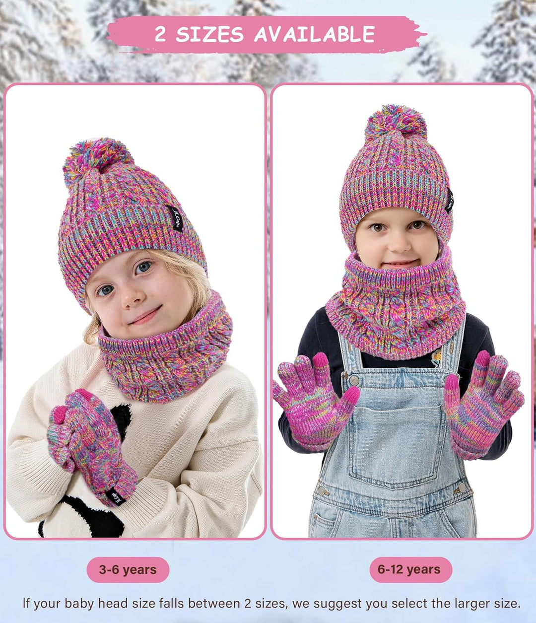 Kinder Mütze Loop Schal Touchscreen Handschuhe Set 3-6-12 Jahre Thermo Wintermütze Schlauchschal Fäu