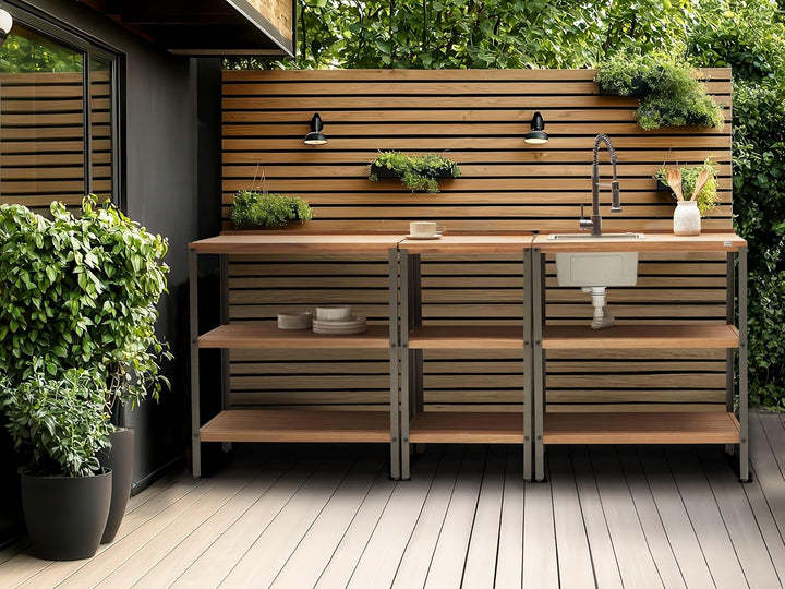 Beliani Outdoor-Kücheninsel zertifiziertes Holz braun breit 50x80 cm mit Regalen Ivrea