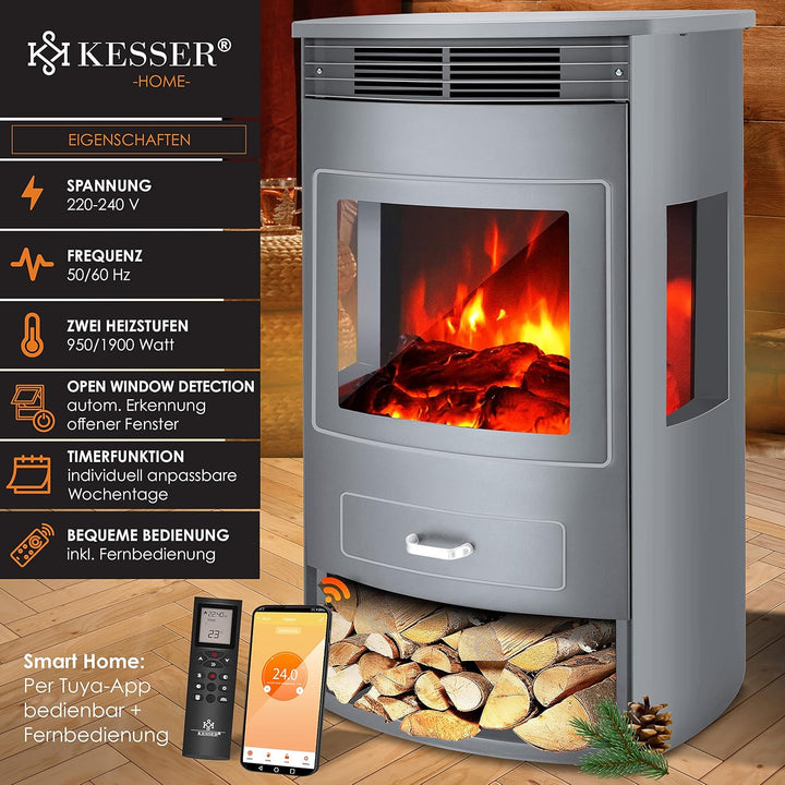 KESSER® Prio Elektrokamin mit Heizung Heizlüfter Fernbedienung WiFi App 950/1900 W Kamin elektrisch