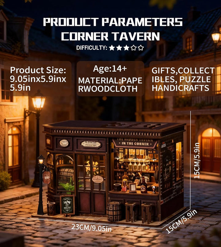 Spilay Miniatur Haus, Corner Tavern DIY Miniature House mit LED-Licht, 3D Holz Puppenhaus Bastelset