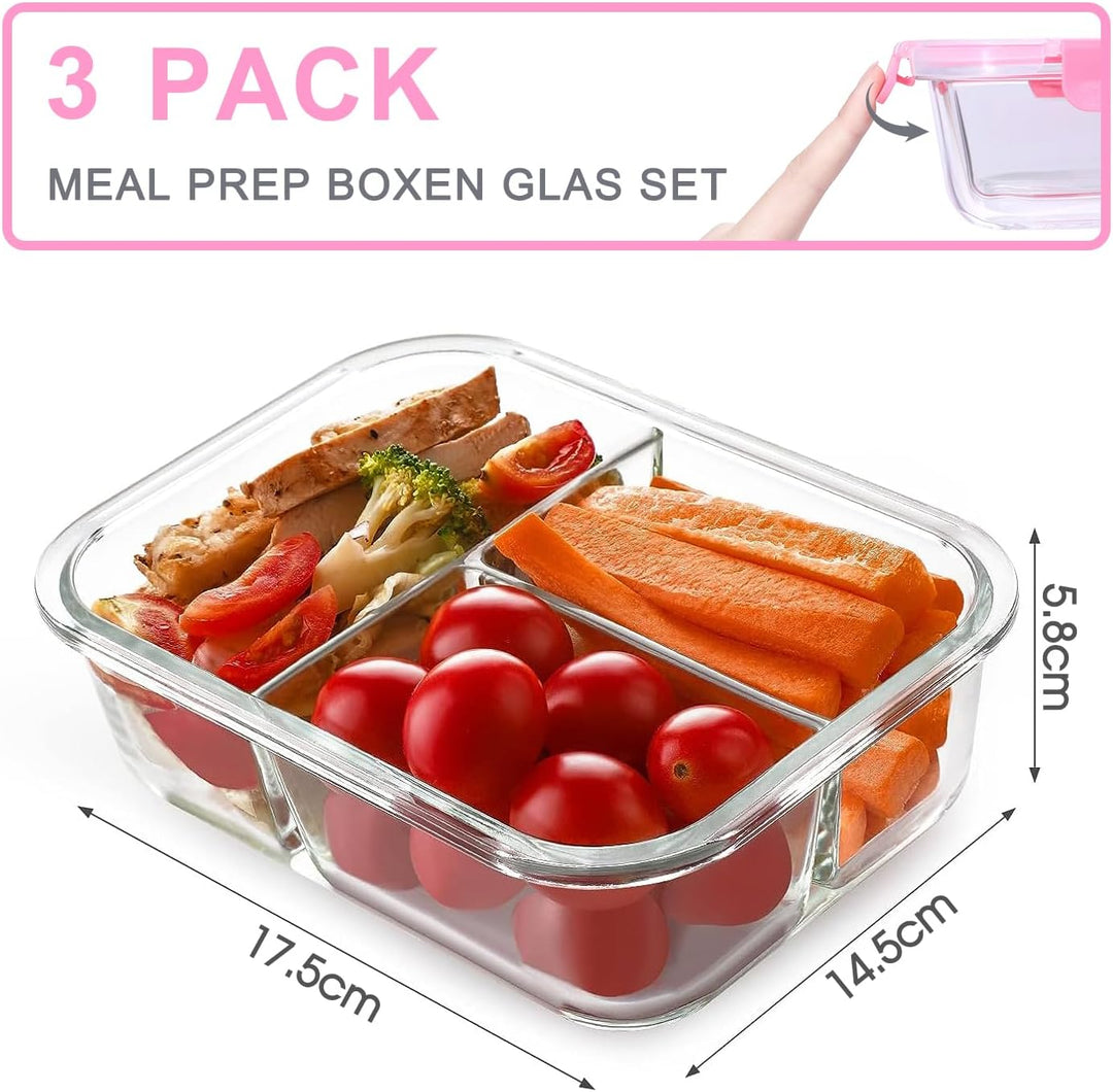 Meal Prep Boxen 3 Fächer (3Stück, 1040ml) Glasbehälter mit Deckel Frischhaltedosen mit Deckel Portio