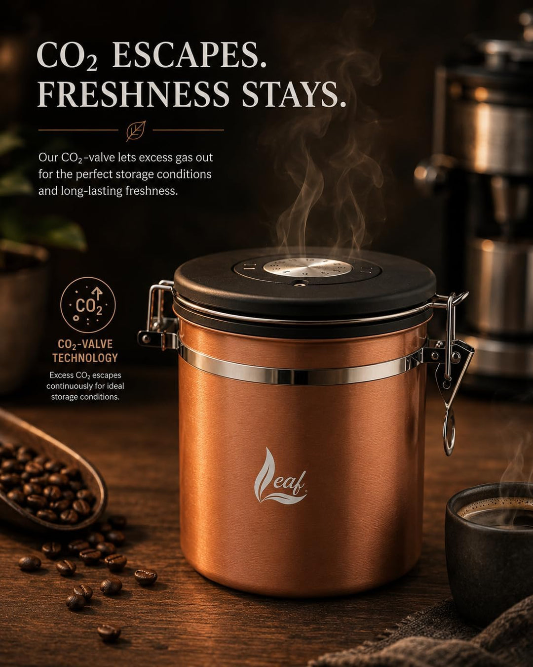 Leaf Kaffeedose luftdicht Edelstahl 1500 ml – mit CO₂ Ventil für längere Frische & weniger Aromaverl