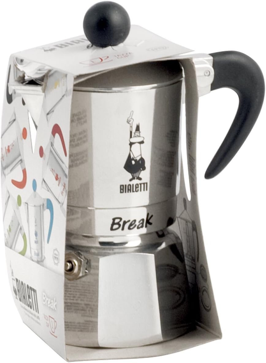 Bialetti 5913 Espressokocher Break 1 Tasse, Aluminium 1 Cup Silber / Schwarz, 1 Cup Silber / Schwarz