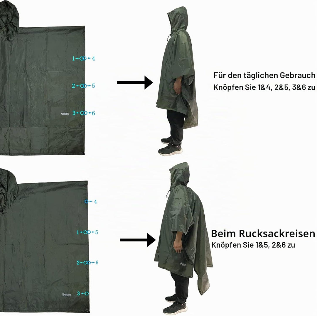 Azeekoom Regenjacke Regenponcho, Regenmantel Wasserdicht Unisex Camping Zelt Campingdecke 3 in 1 Mul