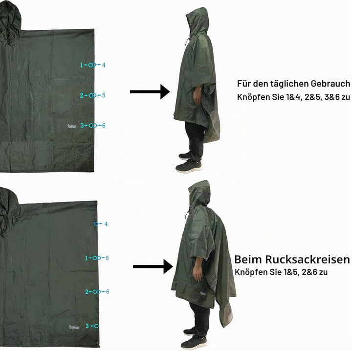 Azeekoom Regenjacke Regenponcho, Regenmantel Wasserdicht Unisex Camping Zelt Campingdecke 3 in 1 Mul