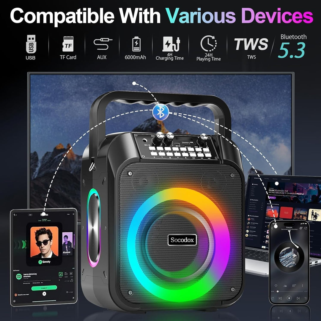 Karaoke Maschine,30W Tragbare Bluetooth Lautsprecher mit 2 Drahtlosen Mikrofon,6000mAh Akku 8H Spiel