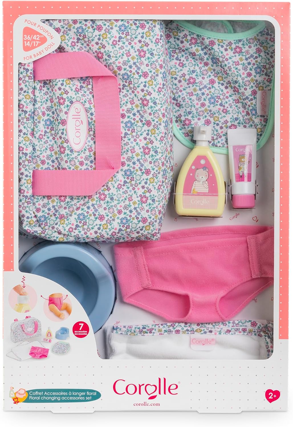 Corolle Mon Grand Poupon Wickeltasche und Zubehör, 7 Teile, Wickeltasche, Unterlage, Windel, Creme,