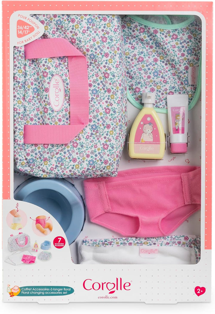 Corolle Mon Grand Poupon Wickeltasche und Zubehör, 7 Teile, Wickeltasche, Unterlage, Windel, Creme,