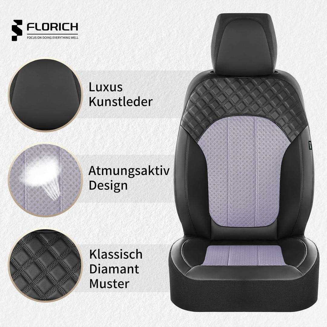 FLORICH Autositzbezüge Komplettset Vordersitzbezüge, PU Leder Air-Mesh Sitzbezüge Atmungsaktiver Sit