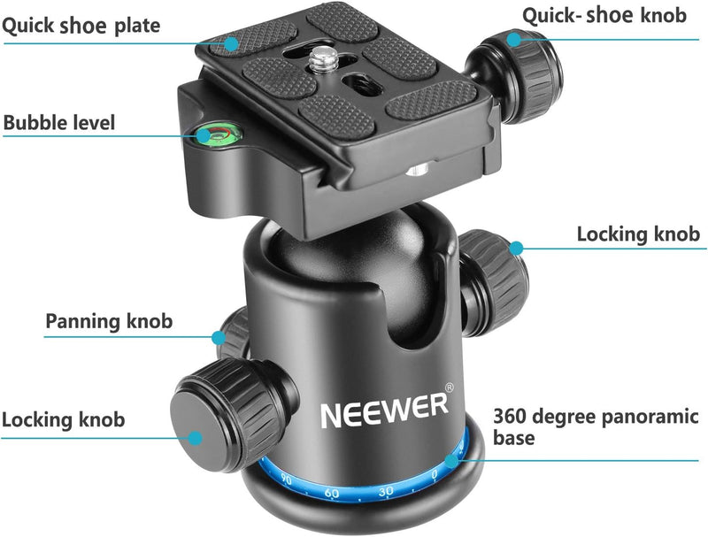 Neewer Pro Metall-Stativ-Kugelkopf, 360 Grad drehbar, Panorama, mit 0,6 cm Schnellschuhplatte, Wasse