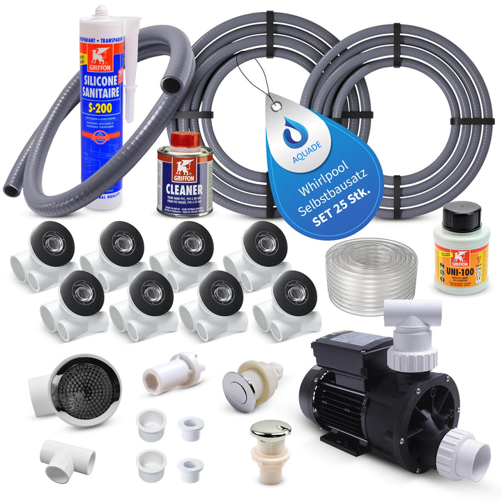 AQUADE Bausatz mit Whirlpool Düsen Set 8X , Whirlpool Pumpe , Schlauch Adapter Set , Pneumatikschlau