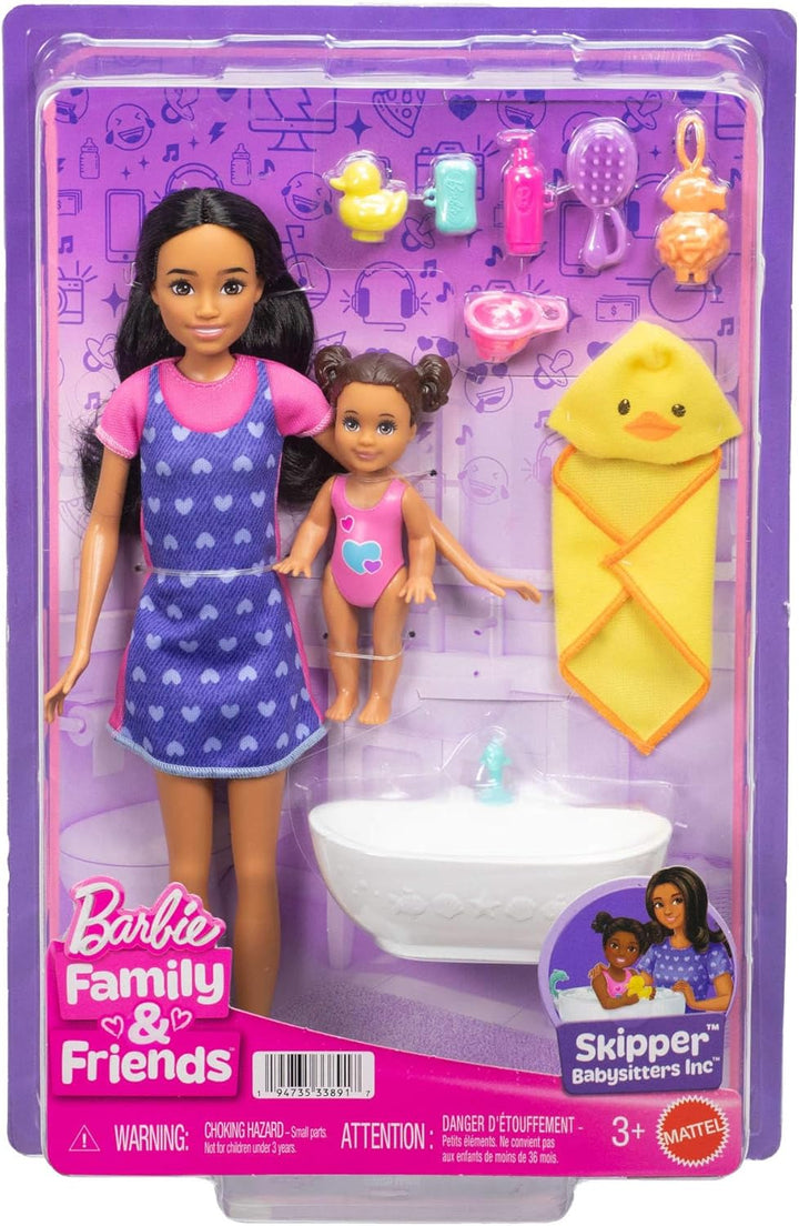 Barbie Skipper Babysitters Inc. Spielset mit brünetter Puppe, brünetter Kleinkind-Puppe, Badewanne u