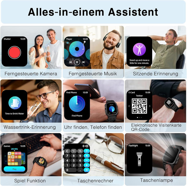 Bebinca Smartwatch Damen/Herren mit Telefonfunktion, 1,72“ HD Quadratische Touchscreen Fitness-Track