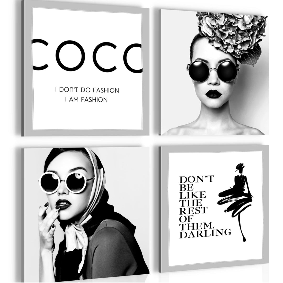 Novart Bilder Set Fashion Coco - KOMPLETT AUFHÄNGFERTIG - Schwarz Weiss Wohnzimmer Schlafzimmer Flur