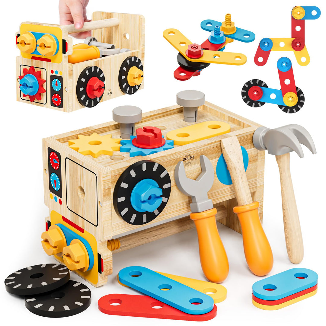 Lehoo Castle Montessori Spielzeug ab 2 Jahre Junge, Werkzeugkoffer Werkbank Kinderspielzeug, 29 Stüc