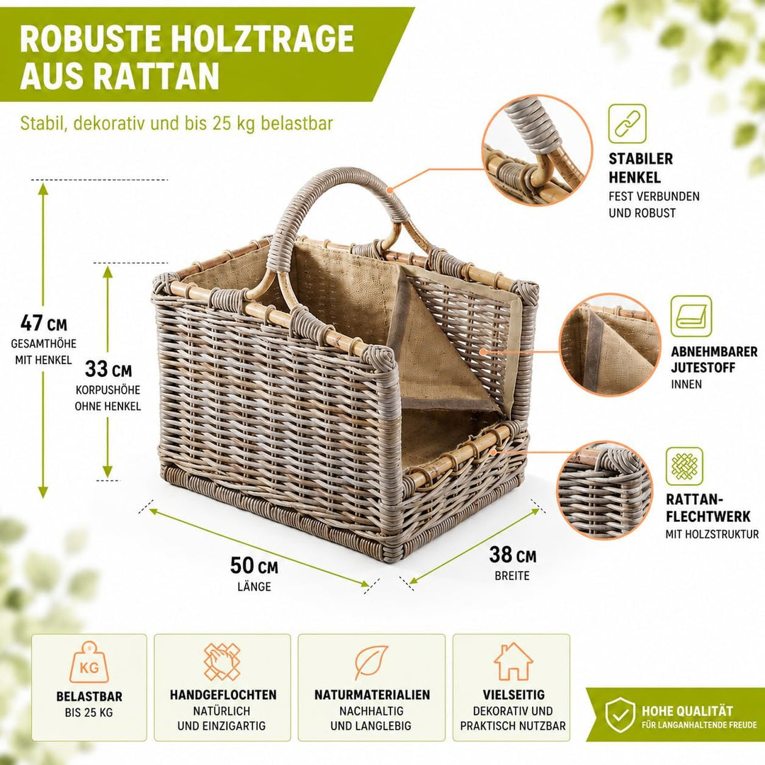 Kobolo Kaminholzkorb Holztrage Rattan grau mit abnehmbarem
