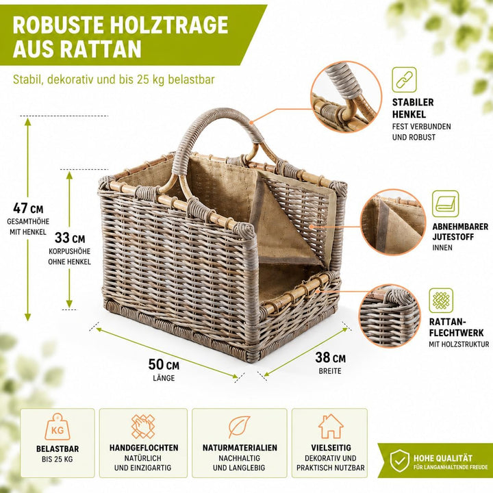 Kobolo Kaminholzkorb Holztrage Rattan grau mit abnehmbarem