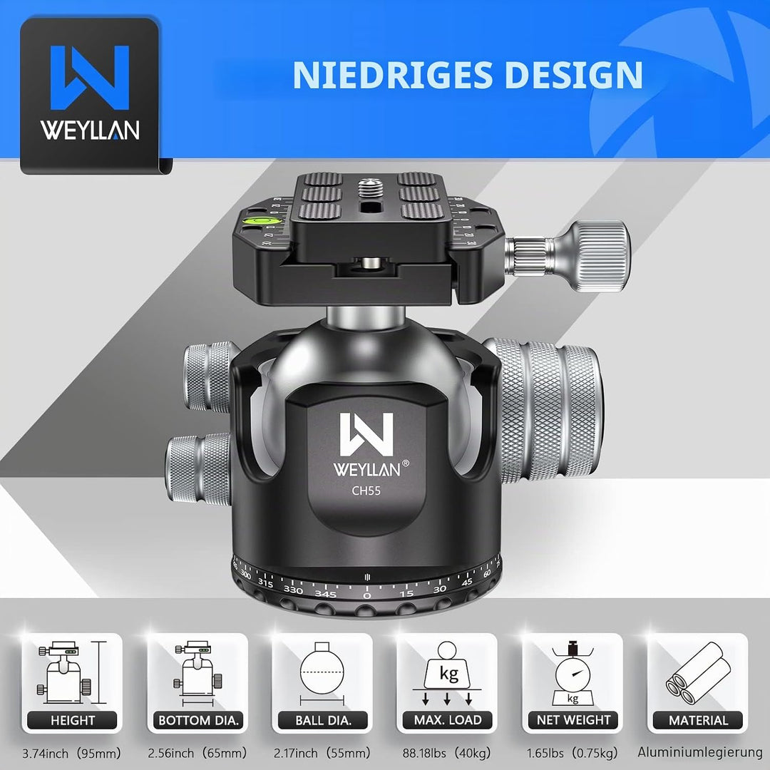 WELLAN Kugelkopf Stativkopf,Heavy Duty 360 Panorama-Stativkopf, CNC Aluminiumlegierung Stativ-Kamera