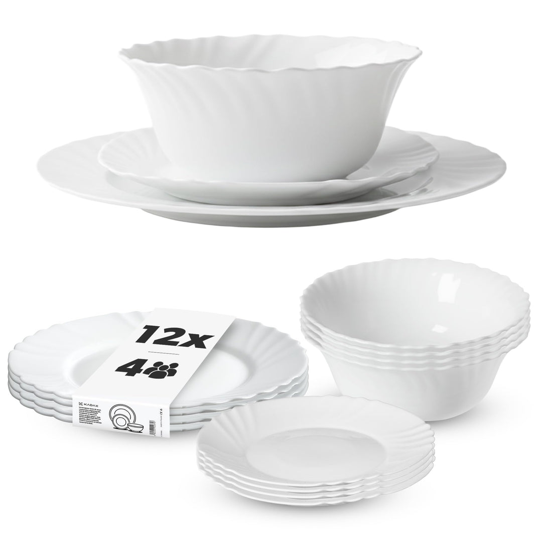 KADAX Geschirrservice 12-teilig, Geschirrset für 4 Personen, Tafelservice mit Müslischale, Dessertte