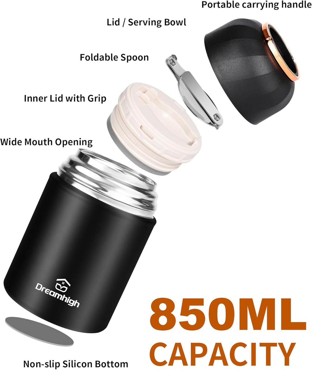 Dreamhigh® Thermobehälter für Essen 850 ml, Edelstahl Warmhaltebehälter Essen mit Griff, Thermoskann