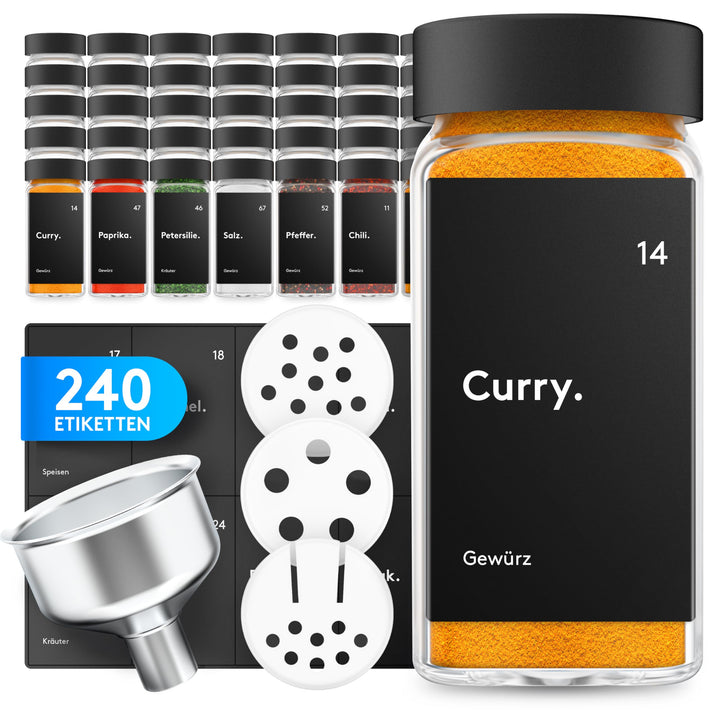 Gewürzgläser Set Schwarz [24 Stück] Eckig mit Streueinsatz | Inklusive 240 Etiketten + Acrylstift +