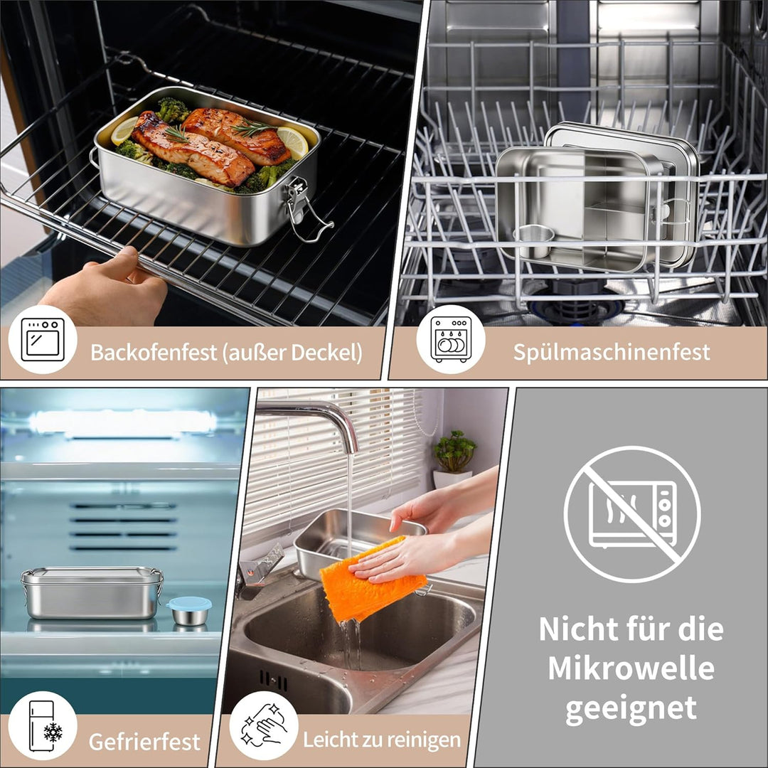 Onader Brotdose mit Fächern, 1400ML Edelstahl Bento Box mit Dressing Behälter und 1pc Abnehmbar Tren