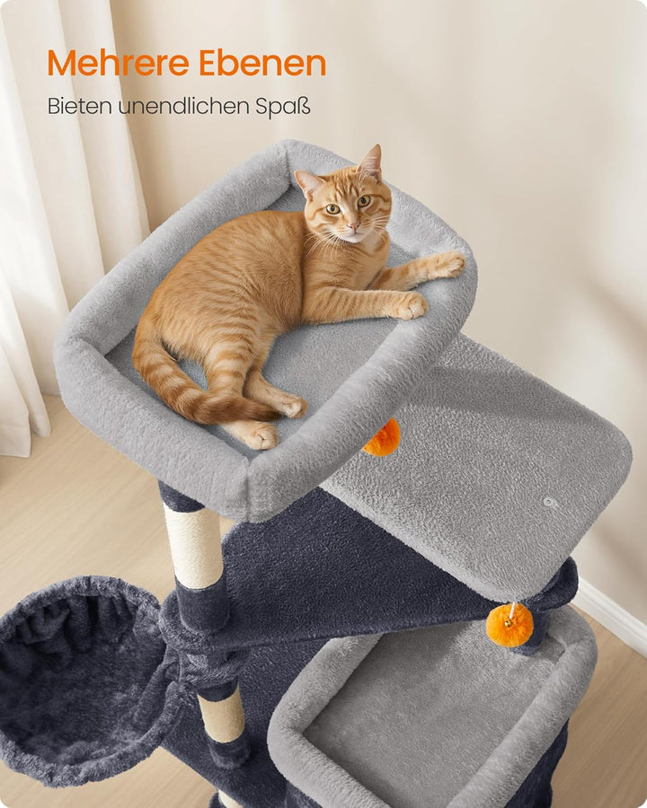 Feandrea Kratzbaum, 152 cm hoch, mehrstöckiger Katzenbaum mit 2 grossen Höhlen, 1 Liegemulde, 3 Krat