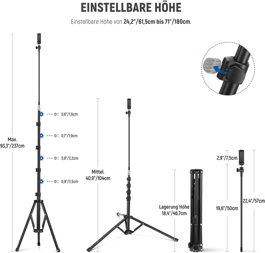 NEEWER 71" Handy Stativ Ständer mit umkehrbaren Beinen, flexiblem Arm, 360° Kugelkopf, Telefonhalter