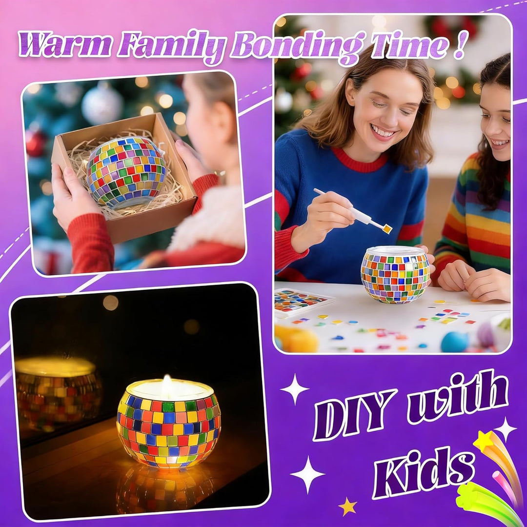 Mosaik Bastelset für Kinder, Kreatives Glasmosaik-Kerzenhalter-Kit für Mädchen Jungen,Bastelset Erwa