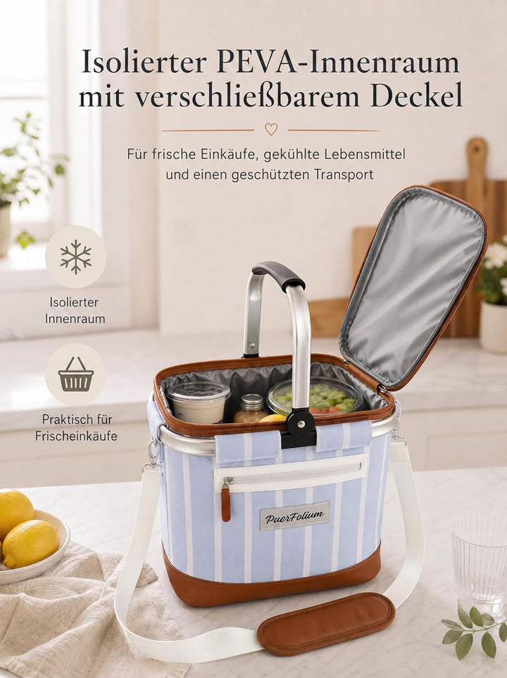 Kühltasche Einkaufskorb 20L Faltbar Isoliert Thermo mit Deckel Reissverschluss Abnehmbarer Picknickk