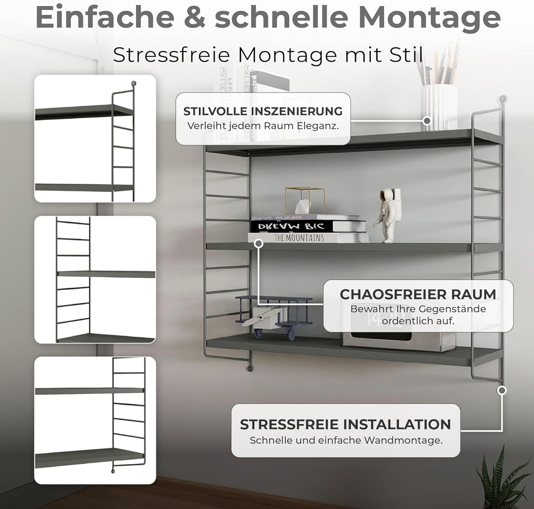 [en.casa] Modulares Wandregal Strängnäs 3er Set Metallregal Anthrazitgrau Hängeregal mit 3 Regalböde