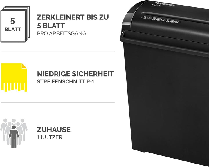 Fellowes Aktenvernichter 5 Blatt Streifenschnitt 7mm, Papierschredder für Zuhause, Powershred P-25S,