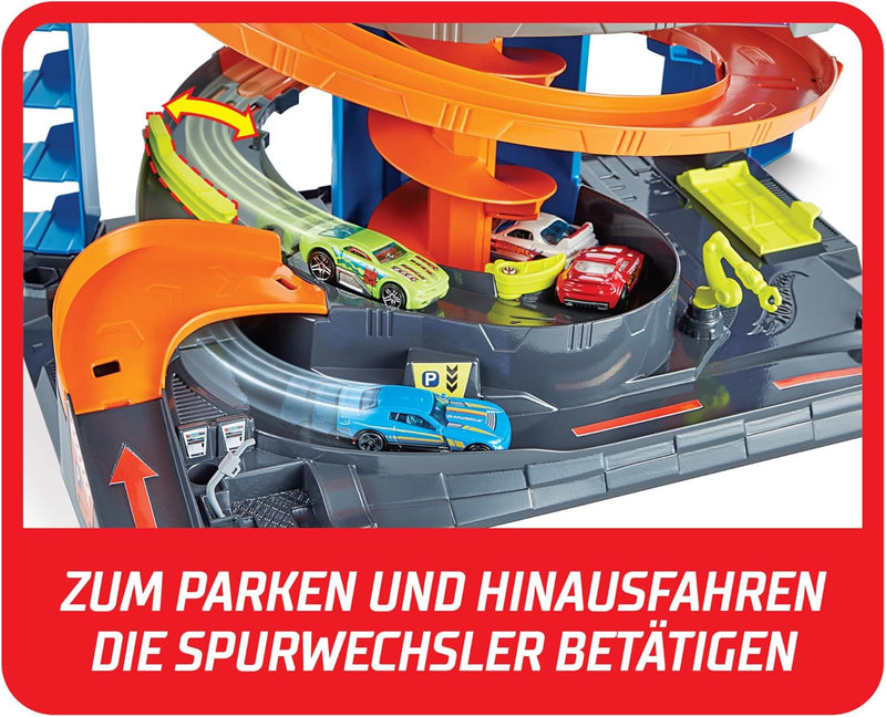 Hot Wheels Garage, Hot Wheels Parkgarage inkl. 1 Spielzeugauto, mit Autorennbahn, Auto Spielzeug Auf