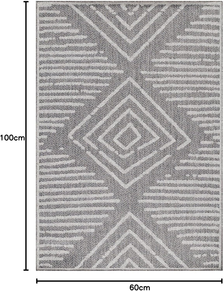 In- & Outdoor Läufer Teppich Robuster, Modern Boho Design, Rechteckig, Grau und Creme Farbe, Wetterf