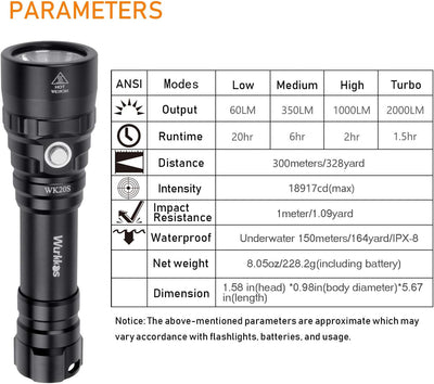 Wurkkos 1950 Lumen Tauchlampe bis 150m Tiefe, Tauchen Taschenlampe mit SST40 LED. IPX8 Wasserdicht U