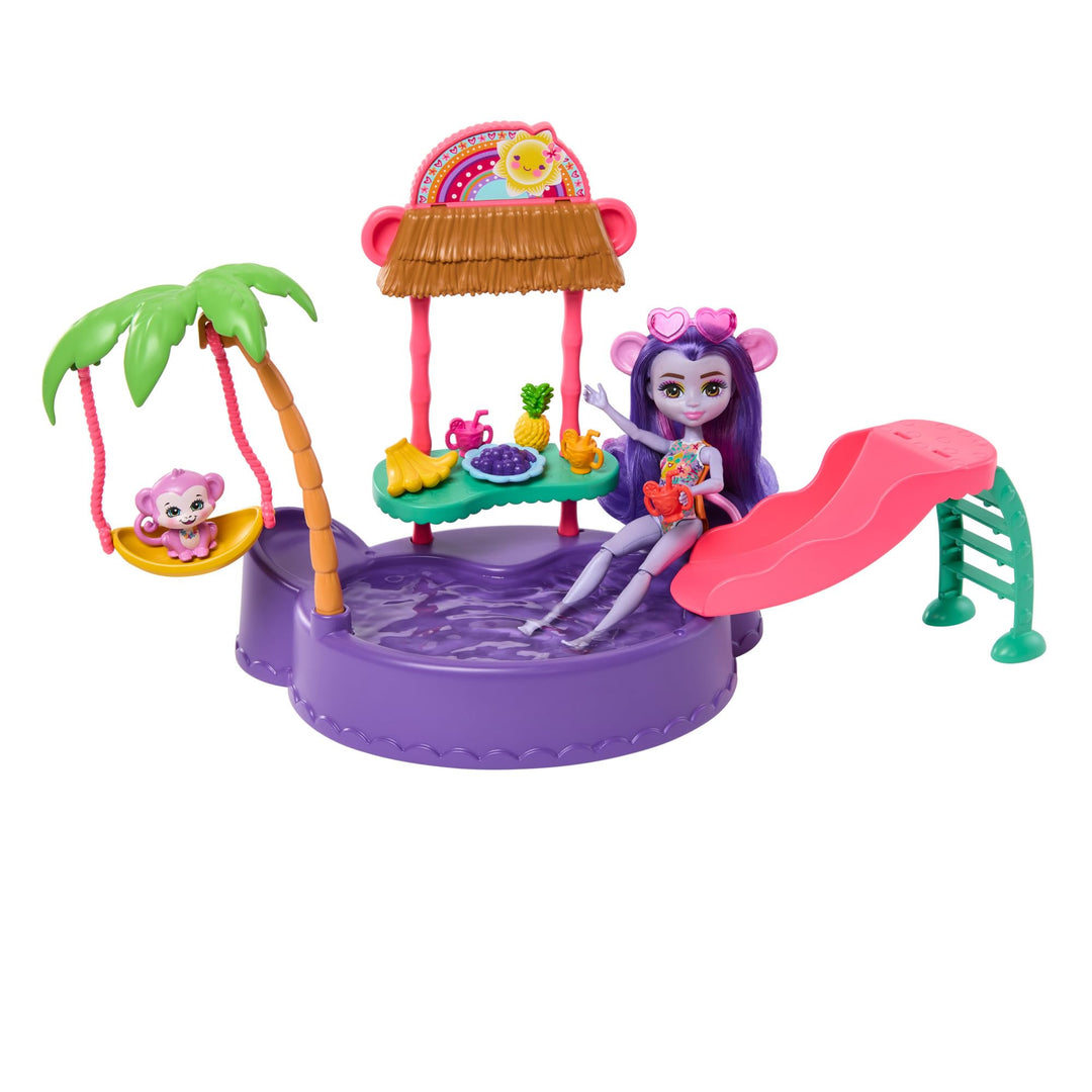 Enchantimals-Puppe und Zubehör, Affen-Swimmingpool-Spielset, Puppe und Beste Tierfreund-Figur, Rutsc