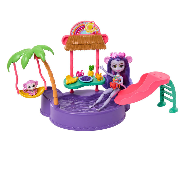 Enchantimals-Puppe und Zubehör, Affen-Swimmingpool-Spielset, Puppe und Beste Tierfreund-Figur, Rutsc