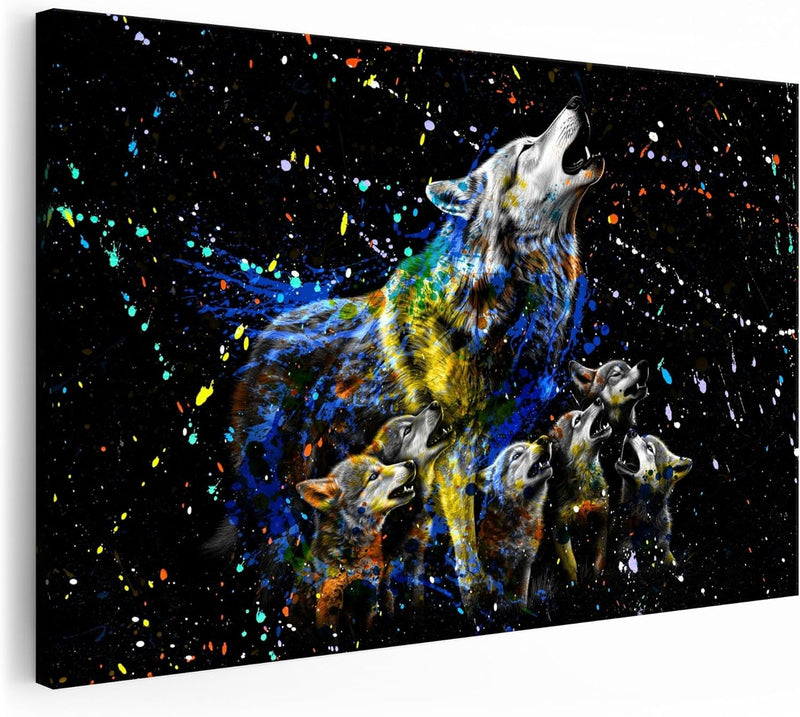 Artmazing | Wolf bunt | Bild Wolfsfamilie auf Leinwand | Wolfsbilder Modern | Bilder Wohnzimmer gros