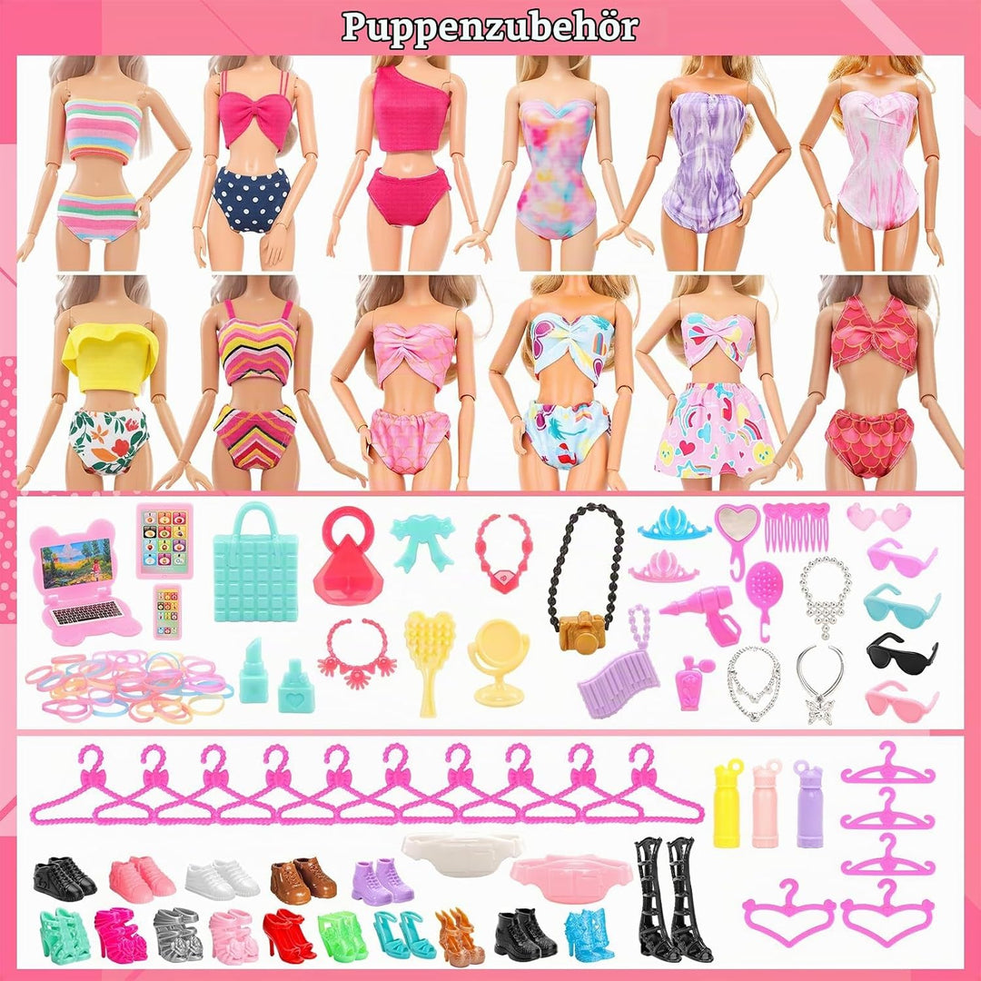 82 Stück Puppenzubehör 5 Abendkleider 3 Outfits 8 Kleider 2 Badeanzüge 15 Schuhe und 49 Puppenzubehö