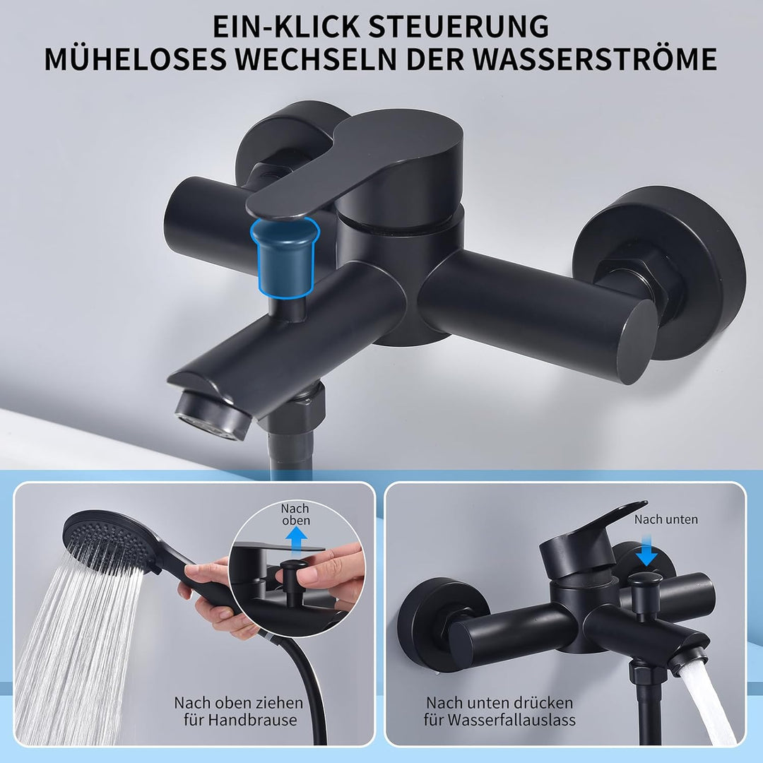 HOMELODY Badewannenarmatur mit Handbrause Schwarz Matt – Mischbatterie Badewanne Wandmontage, 2 Ausg