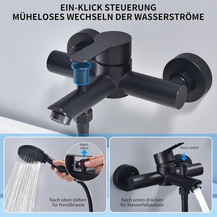 HOMELODY Badewannenarmatur mit Handbrause Schwarz Matt – Mischbatterie Badewanne Wandmontage, 2 Ausg